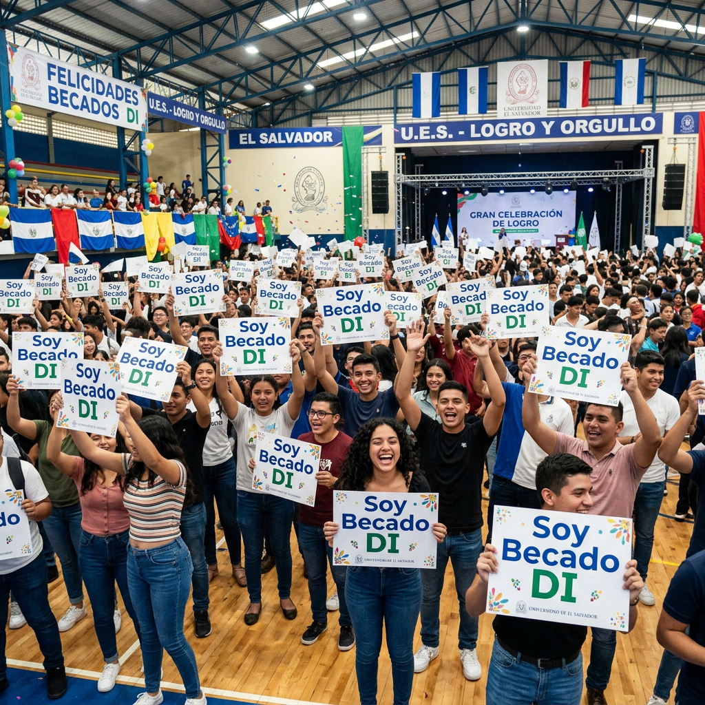 A large group of young university students celebrating in El Salvador with scholarship signs