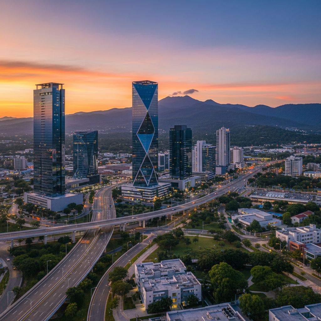 Modern skyscrapers of San Salvador at sunset with lush mountains in the background, illustrating the 2026 investment boom.