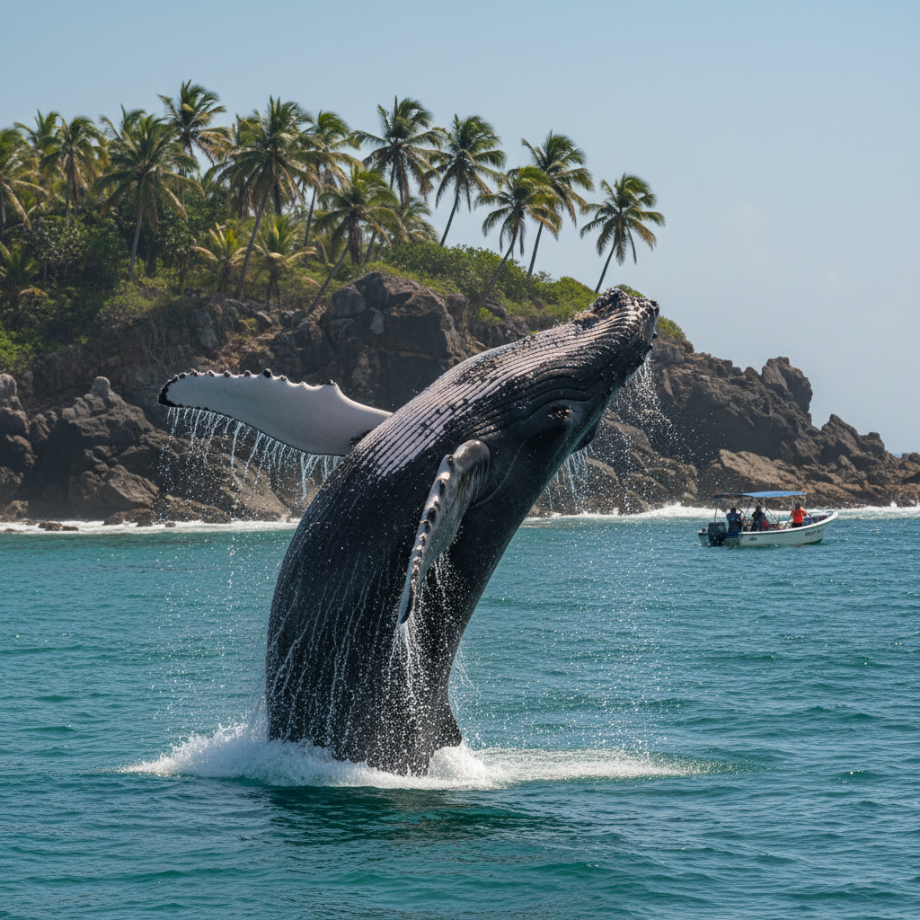 Humpback whale breaching near the coast of El Salvador at Los Cóbanos