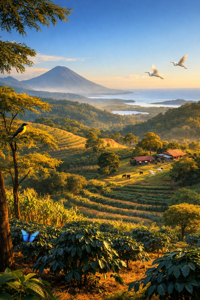 Lush green landscape of a coffee farm in rural El Salvador showing agroforestry and productive landscapes