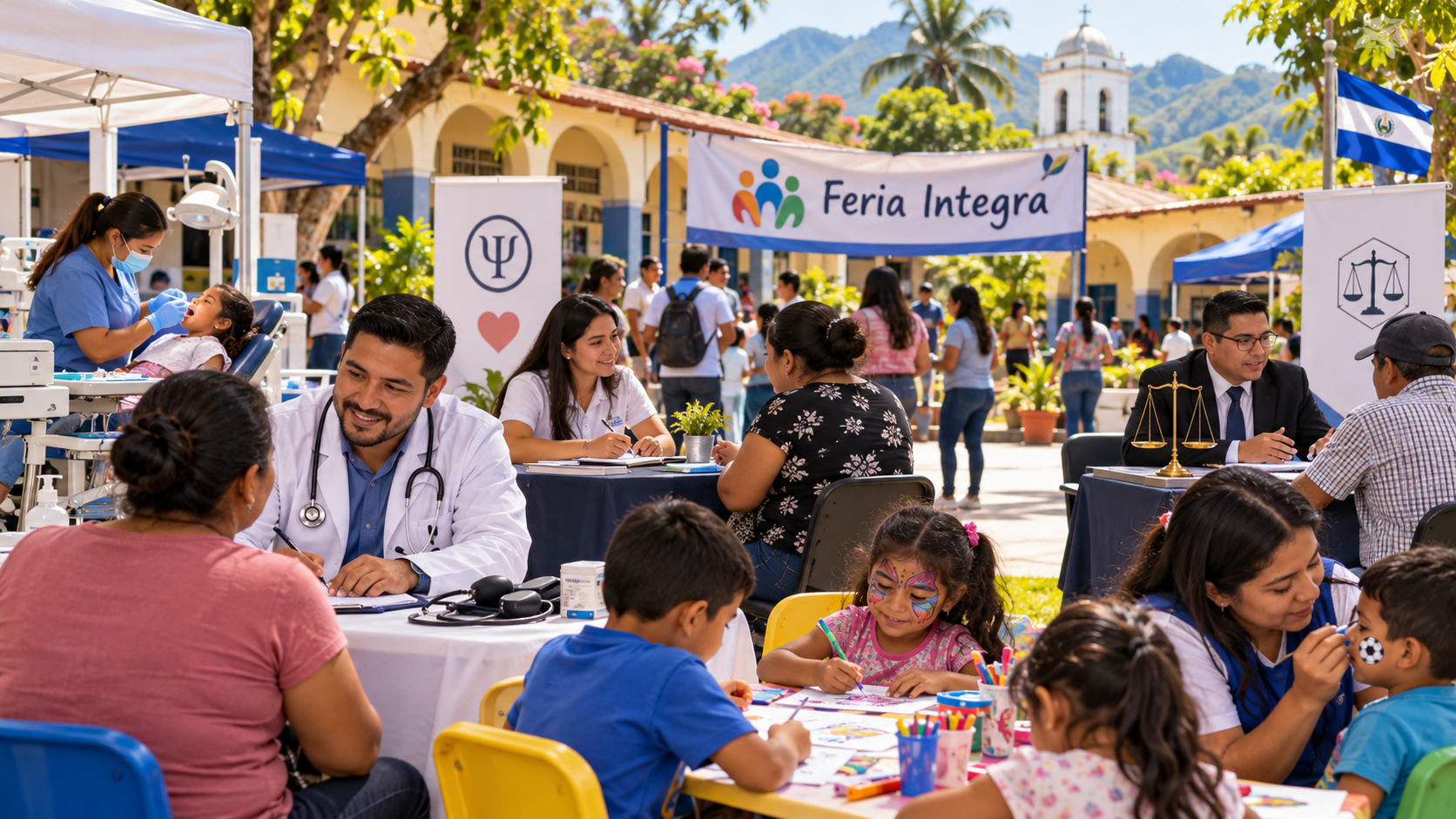 AI-generated illustration of a Feria Integra community fair in El Salvador with medical consultations, dental care, legal assistance and activities for children.