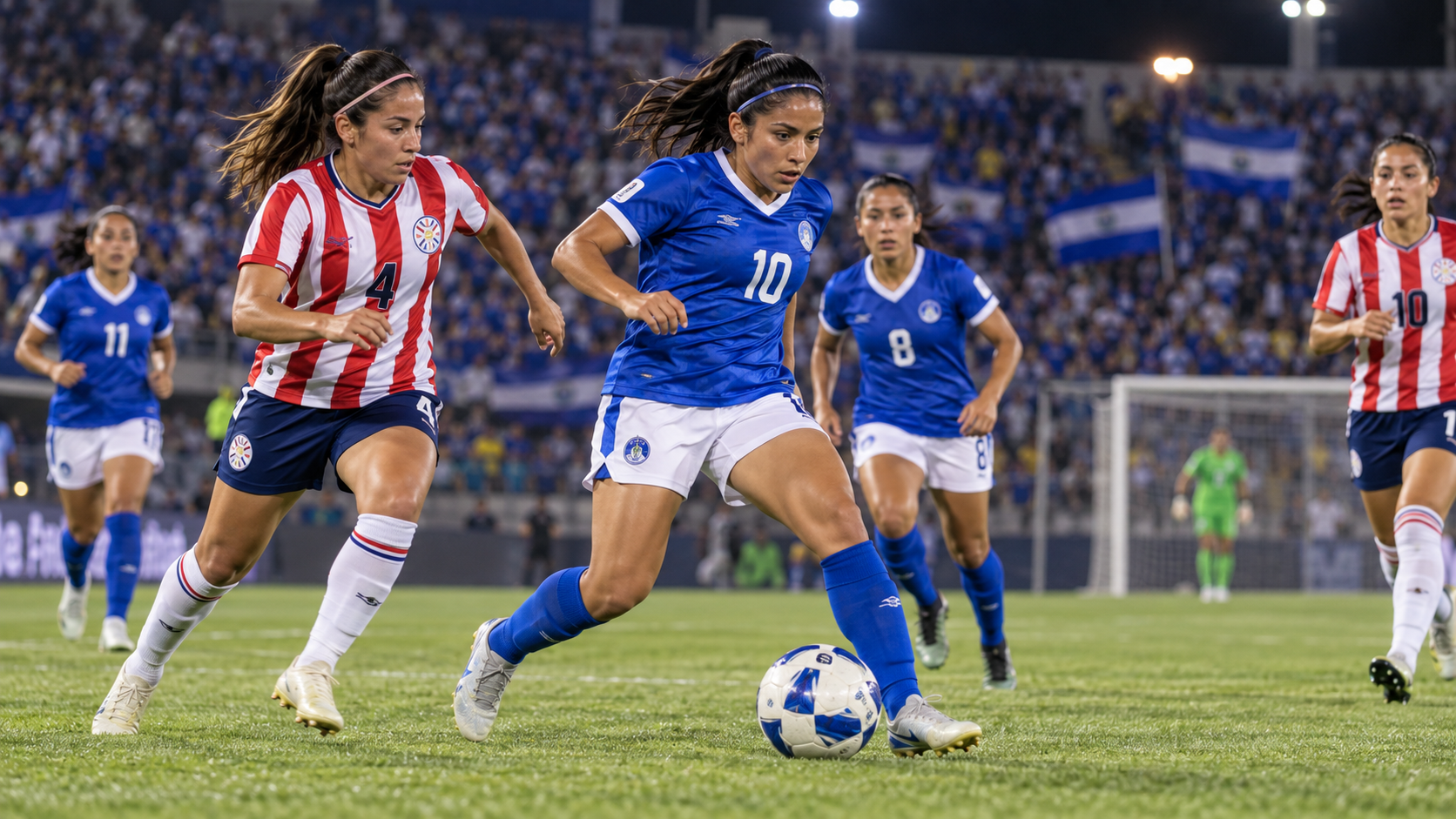 AI-generated illustration for Our Life in El Salvador showing El Salvador's women's national football team in blue uniforms competing against Paraguay in red-and-white uniforms. Copy
